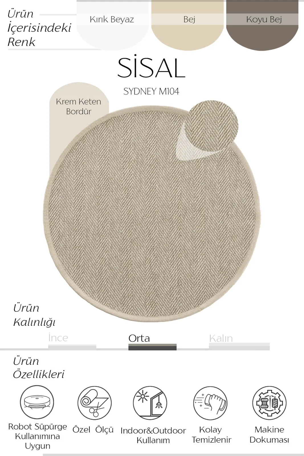 Sydney Keten Bordür Yuvarlak Sisal Halı — görsel 2