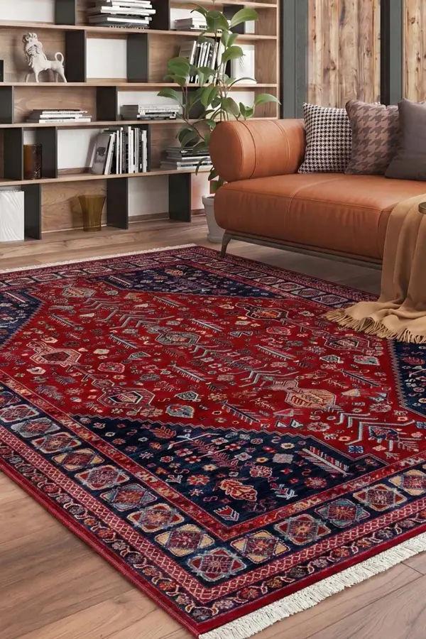 Enti Ahlat 2306 Kırmızı Lacivert Etnik Desenli Salon Oturma Odası Halısı