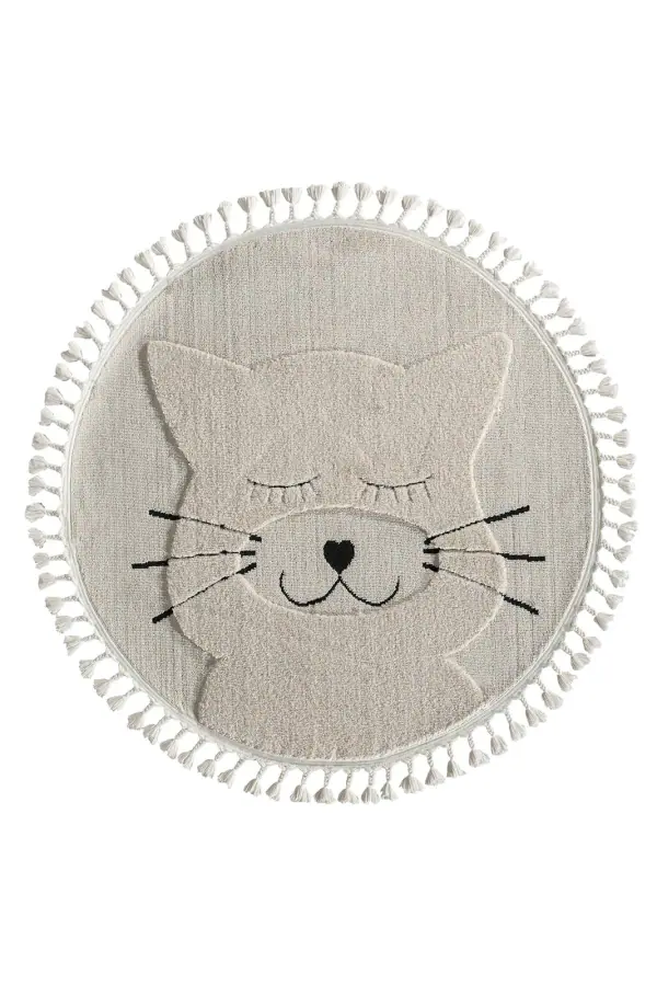 Kitty Kedi Figürlü Yuvarlak Takma Saçaklı Çocuk Odası Halısı